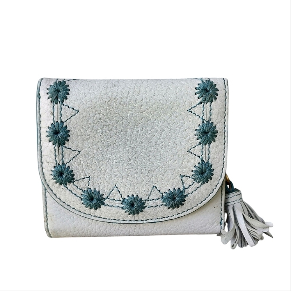 Cole Haan White and Teal Embroidered Leather Wallet